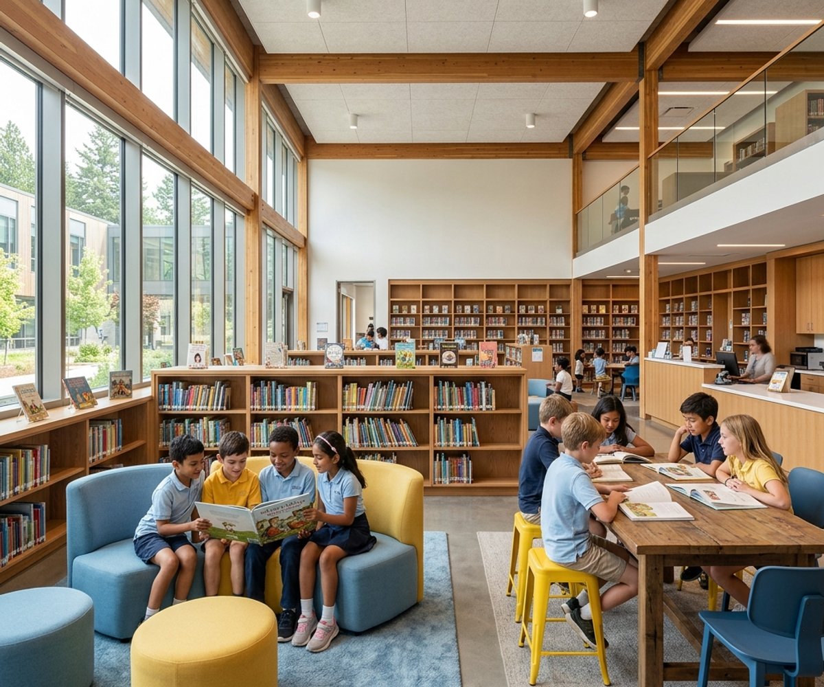 Children reading and learning in modern Falcon School library space